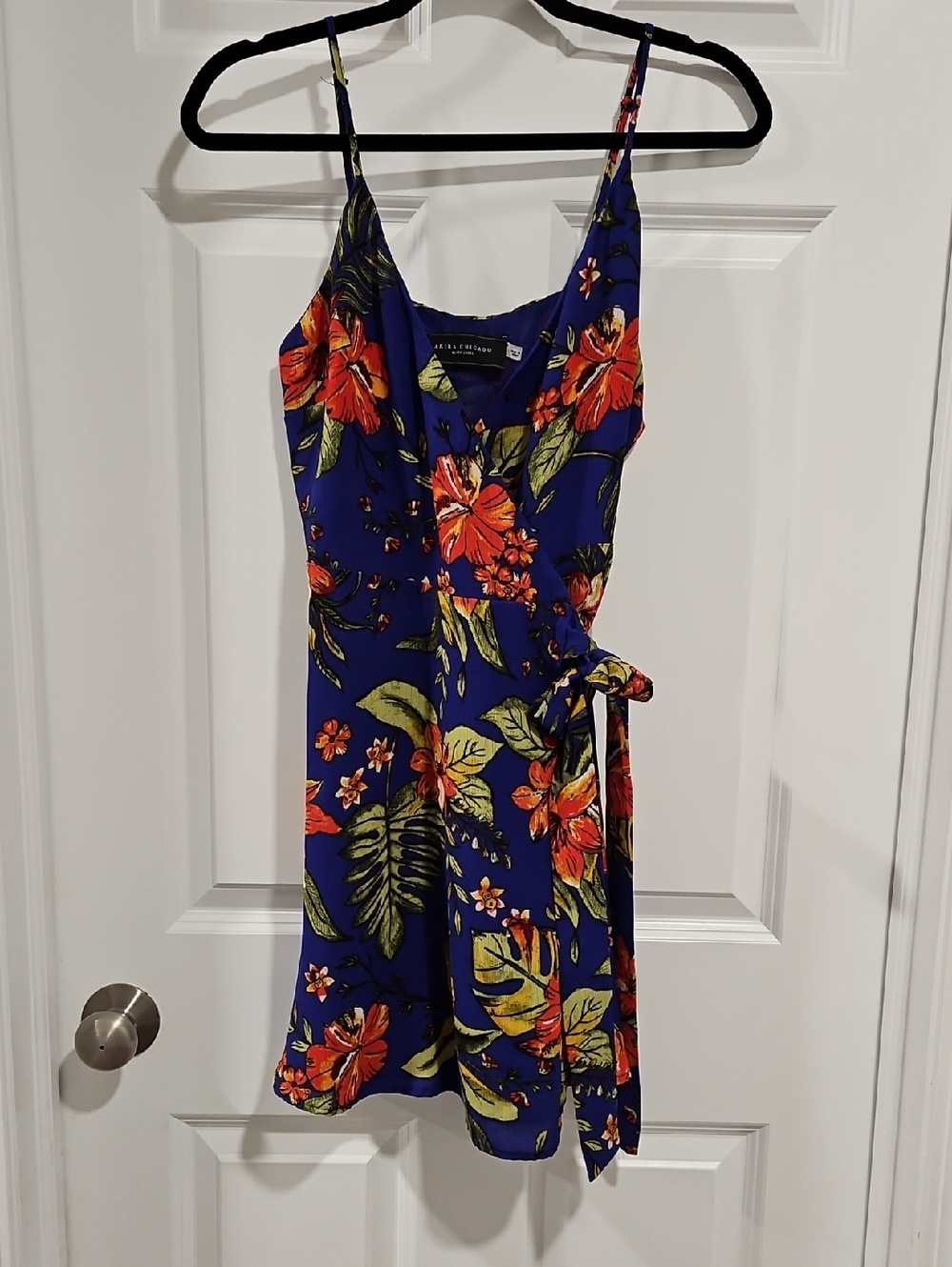 Blue Floral Wrap Dress with Orange Hibiscus Print